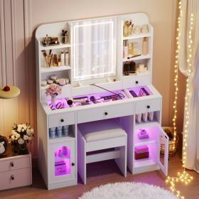43.2 Vanity Desk With LED Mirror And Lights, Glass Top Vanity With RGB Glass Light Cabinets, Dressing Table With 5 Drawers ,Storage Shelves And Stool