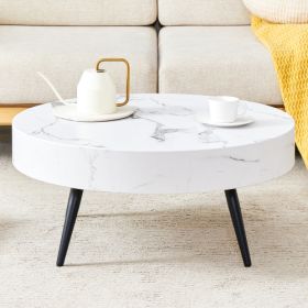 31.5 White Marble-Patterned MDF Round Coffee Table With Black Metal Legs.Adjustable Feet,Coffee Table,Round Table Design,MDF Material,White Marble Pat