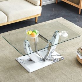 Modern Minimalist Transparent Tempered Glass Coffee Table With Marble Patterned MDF Legs And Stainless Steel Decorative Columns. Computer Desk. Game T