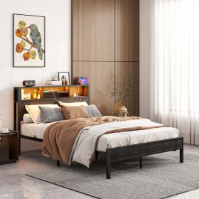 Full Size Bed Frame With Storage Headboard, Metal Platform Bed With Charging Station, Bookcase Storage, No Box Spring Needed, Easy Assembly, Noise-Fre