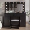 Vanity Desk Set with Large Lighted Mirror and Powre Outlet, Glass Top Makeup Vanity with 3 Drawers and 2 Cabinets, Vanity Table with 12 LED Lights