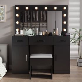 Vanity Desk Set with Large Lighted Mirror and Powre Outlet, Glass Top Makeup Vanity with 3 Drawers and 2 Cabinets, Vanity Table with 12 LED Lights
