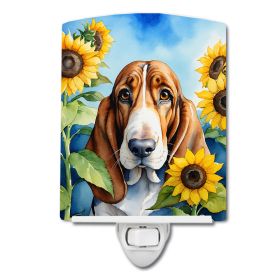NEW Basset Hound in Sunflowers Ceramic Night Light Compact, UL-Certified, Ideal for Bedroom, Bathroom, Nursery, Hallway, Kitchen, 6x4x3, Multicolor