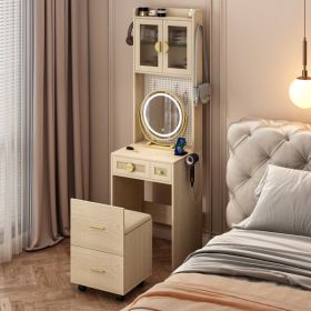Small Vanity Desk with Mirror and LED Lights, Makeup Table with Charging Station and drawers and Storage Shelves for Small Space
