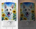 NEW White German Shepherd in Sunflowers Ceramic Night Light Compact, UL-Certified, Ideal for Bedroom, Bathroom, Nursery, Hallway, Kitchen, 6x4x3