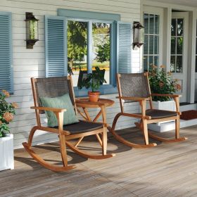 2-piece Terrace Rocking Chair Set, Acacia Wood Outdoor Rocking Chair, Equipped With Wicker Vine Seat And Backrest, Comfortable Garden Porch Chair, Dar