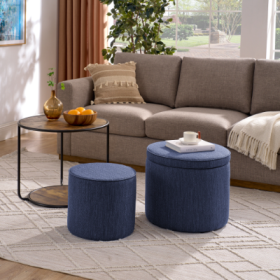 Ottoman, Multi-functional Combination Set Table Ottoman, Combination Of Ottoman And Table, With Drum Stool, With Storage Space (Color: Dark blue)