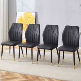 4 Modern Dining Chairs With Stylish PU Patterned Backrest And Black Metal Legs For A Comfortable Home Experience In The Kitchen, Bedroom And Office. (Color: Black)