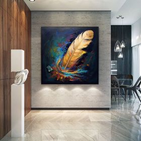 Handmade Oil Painting Original Abstract Feather Oil Painting on Canvas Large Wall Art Golden Texture Painting Minimalist Art Custom Living Room Decor (Style: 01, size: 70x70cm)
