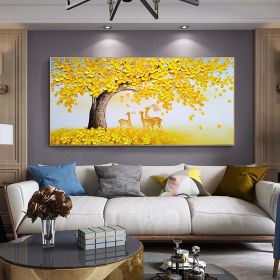 Hand Painted Oil Painting Abstract Big Yellow Tree On Canvas Sika Deer Painting Large tree painting Original painting Living Room Decor Knife Painting (Style: 01, size: 40x80cm)