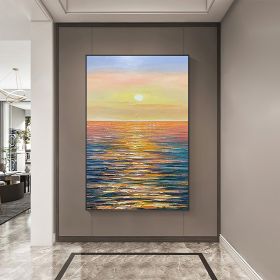 Hand Painted Oil Painting Large Sunset Seascape Oil Painting on Canvas Original Abstract Yellow Beach Landscape Painting Textured Wall Art Living Room (Style: 01, size: 90x120cm)