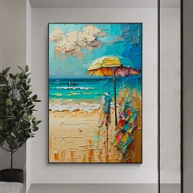 Handmade Oil Painting Abstract Beach Canvas Painting Large Original Sunshine Ocean Coast Seascape Oil Painting Wall Art Modern Blue Beige Living Room (Style: 01, size: 50x70cm)