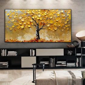 Abstract Golden Tree Oil Painting On Canvas Large Original Gold Yellow Tree of Life Texture Wall Art Custom Modern Living Room Home Decor (Style: 01, size: 40x80cm)