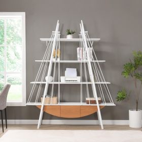 Sailboat-Inspired Bookshelf, 70.87 inch Industrial 4-Tier Open Storage Shelf with Drawer, Wooden & Metal Freestanding Bookcase (Color: as Pic)