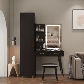 Makeup Vanity Table and Slim Armoire Wardrobe Set, Dressing Table with LED Mirror and Power Outlets and 2 Drawers (Color: as picture)