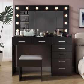 Vanity Desk Set with Large Lighted Mirror and Powre Outlet, Glass Top Makeup Vanity with 7 Drawers, Vanity Table with 12 LED Lights (Color: as picture)
