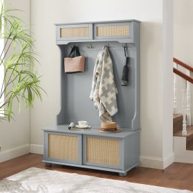 Clothes hanger Hall Tree Storage Bench Shoe Rack for Entryway, Hall Tree with Bench and Shoe Storage, Hall Tree Entryway Bench with Rattan Door White (Material: MDF, Color: Gray)