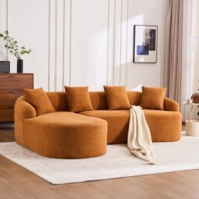 LY-022 GREY COMPRESSION SOFA Combining Chaise Longue With 3-seater, Wood Grain Chenille Fabric, Full Sponge Compression Sofa,combined Sofa With 4 Pill (Color: Orange)